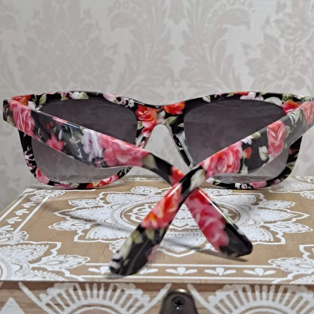 Floral Sunglasses Pink Roses on Black Background, Tinted Lenses